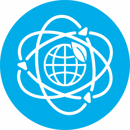 Symbol der Welt, eines Blattes und eines Atoms auf hellblauem Hintergrund