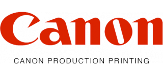 Red logo of Canon with black subtitle canon production printing
